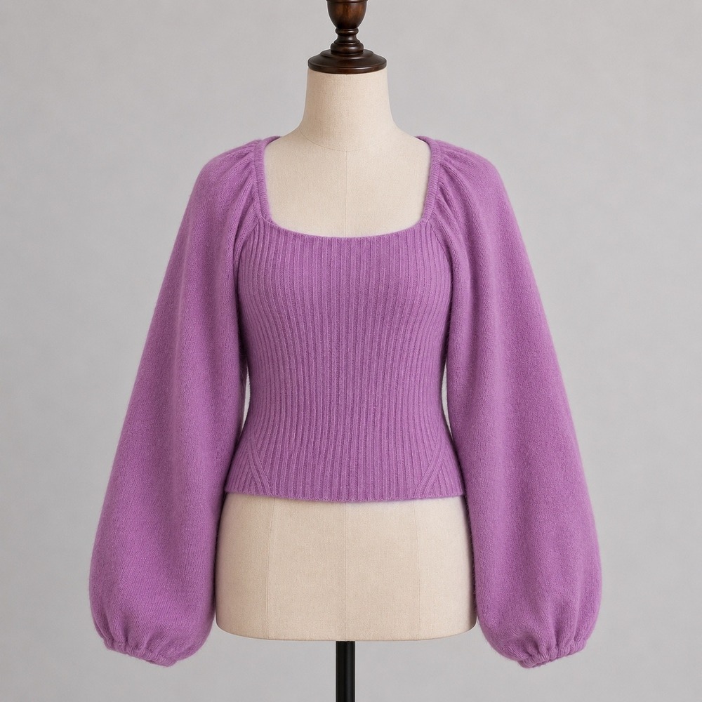 Halogen Womens Purple Ribbed‎ Square Neck Balloon Sleeve Wool Blend Sweater S